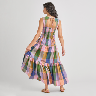 Pink Chicken Womens Sleeveless Parker Dress - Plaid Madras
Woman wearing a colorful plaid dress on a plain background