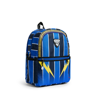 State Bags Kane Double Pocket Backpack - Soccer Jersey Blue and yellow striped backpack with a logo on a white background