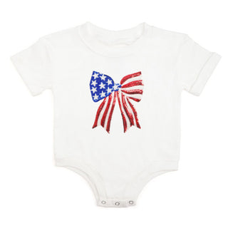 Sweet Wink Patriotic Sequin Bow Patch Short Sleeve Romper - White