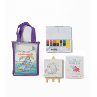 Tiny Easel Mini Art Kit - Butterfly
Artistic set with watercolor paper, paint, and a tote bag on a white background