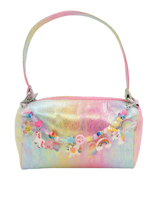 Bari Lynn Tie Dye Galaxy Charm Handbag - Rainbow
A pastel iridescent handbag with a pink and rainbow holographic finish, decorated with a charm garland featuring unicorns, rainbows, and smiley faces, and finished with a matching pastel shoulder strap.