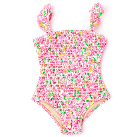 Shade Critters Crochet Trim Smocked 1pc Swimsuit - Fresh Floral Pink