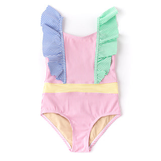 Shade Critters Girls Ruffle Shoulder One Piece - Multi Seersucker