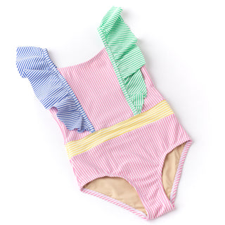 Shade Critters Girls Ruffle Shoulder One Piece - Multi Seersucker