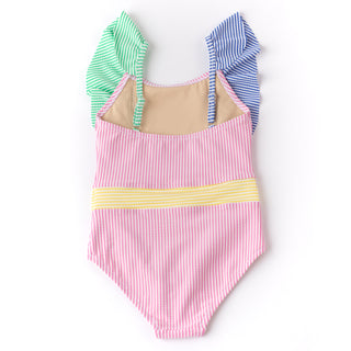 Shade Critters Girls Ruffle Shoulder One Piece - Multi Seersucker