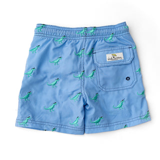 Shade Critters Shadey Dinos Boys Water Appearing Embroidered Swim Trunks
Blue shorts with green dinosaur patterns on a white background