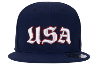 BinkyBro Kids BNKY USA Navy hat with navy blue fabric and adjustable strap, featuring a patriotic USA Navy logo.