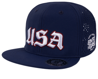 BinkyBro Kids BNKY USA Navy Hat with navy blue color and adjustable strap, featuring a patriotic USA Navy design.