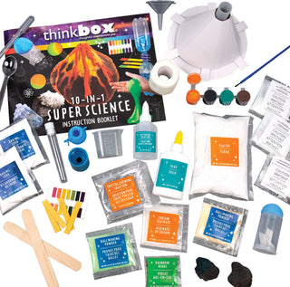 Think box 10-in-1 Super Science Set
A 10-in-1 super science kit by thinkbox arranged on a white background, including an instruction booklet, white funnel, plastic tools, bottles, packets of chemicals, wooden sticks, rocks, and other experiment supplies.