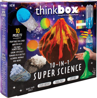 Think box 10-in-1 Super Science Set
Thinkbox 10-in-1 Super Science toy kit box, featuring a colorful space-themed design with an erupting volcano, crystals, rockets, and a hand holding a green liquid container.