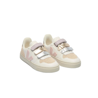 VEJA Kids V-10 Leather White Petale
Pair of pastel-colored sneakers with V-shaped logo on a light gray background