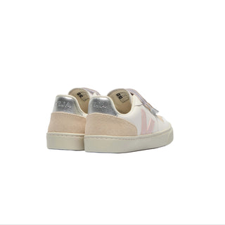 VEJA Kids V-10 Leather White Petale
Beige sneakers with silver accents on a white background