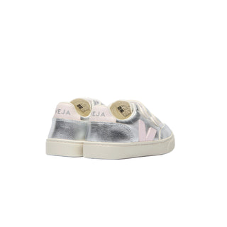 VEJA Kids V-12 Leather Silver Lassi
Silver and pink sneakers with 'Veja' branding on a white background