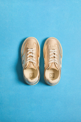 Kids VEJA Volley sneakers with elastic laces, white leather with platinum accents, casual and comfortable footwear for children.