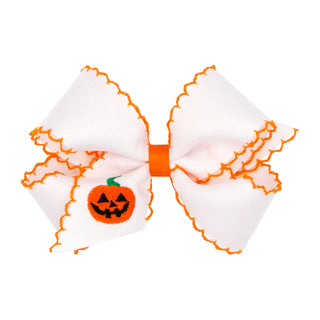 Medium Wee Ones Jack O Lantern Embroidered Moonstitch Grosgrain Hair Bow on Clippie