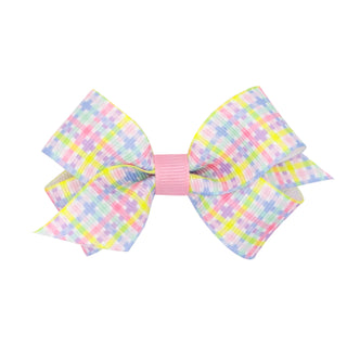 Mini Wee Ones Pastel Plaid Hair Bow on Clippie
Colorful checkered bow with pink center on a white background