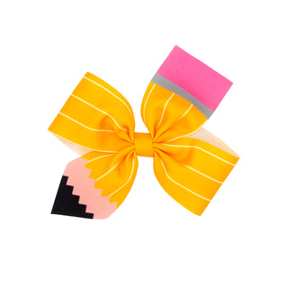 Medium Wee Ones Pencil Print Grosgrain 2-Loop Hair Bow on Clippie Colorful bow with pencil design on a white background