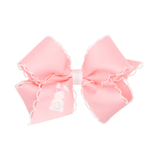 Medium Wee Ones Pink with White Bunny Moonstitch Hair Bow on Clippie
Large pink bow with a white center on a white background
