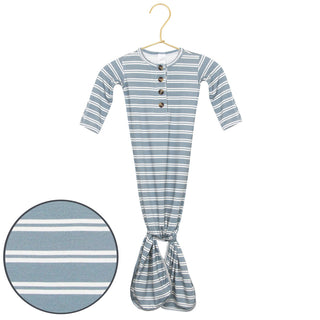 Lou Lou and Company Knotted Gown - Wells
Blue and white striped baby outfit on a hanger with a close-up of the fabric pattern.
