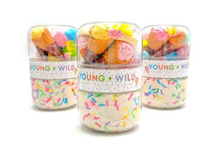 Young Wild and Friedman Grab & Go Dough Jar - Ice Cream 
Three small containers labeled 'Young & Wild' filled with colorful items on a white background