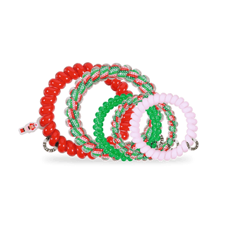 Teleties Spiral Hair Coils Mix Pack: You Crack Me Up Hair Ties
Set of colorful beaded bracelets on a black stand with a transparent background