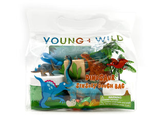 Young Wild and Friedman dinosaur-shaped sensory slime dough bag, colorful and textured for tactile play and sensory stimulation.
