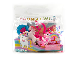 Unicorn-themed sensory slime dough bag by Young Wild and Friedman with colorful, soft, and stretchy slime inside.