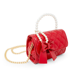 Zomi Gems Quilted Pearl Handle Bow Ribbon Handbag - Red