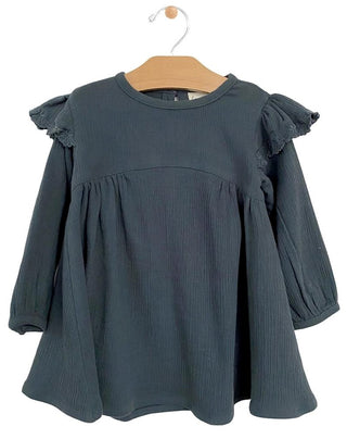 City Mouse Lace Flutter Sleeve Muslin L/S Dress - Storm Cloud, City Mouse, City Mouse, city mouse baby clothes, City Mouse Clothing, City Mouse Dress, City Mouse Lace Flutter Sleeve Muslin L/