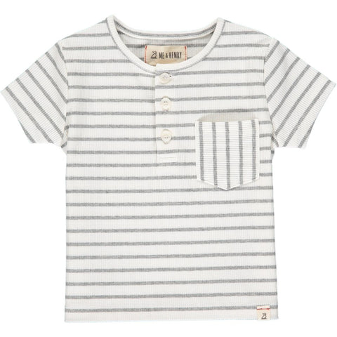 Me & Henry Grey & White Ribbed Stripe Dodger Henley S/S Shirt, Me & Henry, cf-size-4-5y, cf-type-tee, cf-vendor-me-&-henry, CM22, Henley Tee, JAN23, Me & Henry, Me & Henry Dodger Henley S/S S