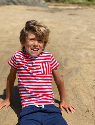 Me & Henry Red & White Stripe Dodger Henley S/S Shirt, Me & Henry, cf-size-3-4y, cf-size-5-6y, cf-size-6-7y, cf-size-7-8y, cf-type-tee, cf-vendor-me-&-henry, Henley Tee, JAN23, Me & Henry, Me
