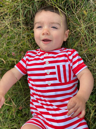 Me & Henry Red/White Ribbed Stripe Camborne Henley Romper, Me & Henry, Boys Clothing, cf-size-0-3-months, cf-size-3-6-months, cf-type-romper, cf-vendor-me-&-henry, CM22, Infant Boy Clothing, 