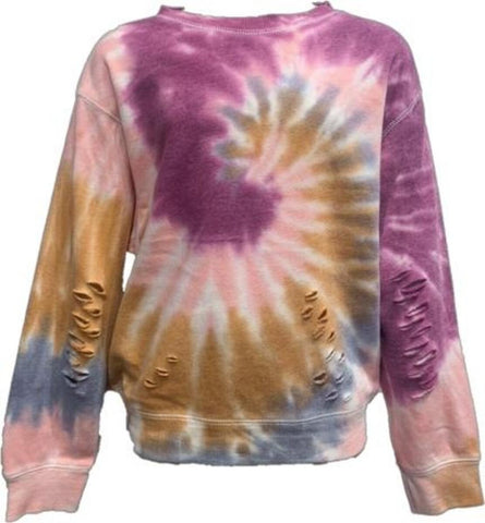 Vintage Havana Pink Multi Tie Dye Distressed Dolman Crew