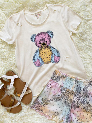 Paper Flower Colorful Bear Distressed Tee, Paper Flower, cf-size-large-12, cf-size-medium-8-10, cf-size-xlarge-14, cf-type-tee, cf-vendor-paper-flower, CM22, Flower Tank, JAN23, Paper Flower,