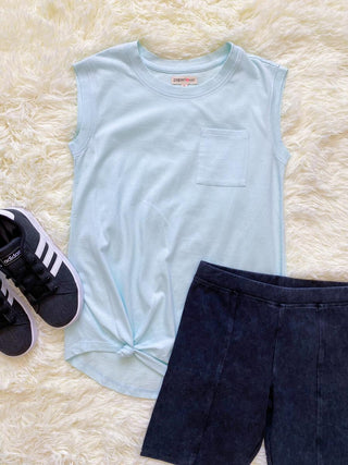 Paper Flower Side Tie Pocket Tank - Blue, Paper Flower, cf-size-large-12, cf-type-tee, cf-vendor-paper-flower, CM22, Flower Tank, Girls Tank Top, JAN23, Paper Flower, Paper Flower Side Tie Po