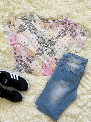Paper Flower Tie Dye Bandana Printed Crop Top, Paper Flower, cf-size-large-12, cf-size-medium-8-10, cf-size-xlarge-14, cf-type-tee, cf-vendor-paper-flower, CM22, Crop Top, Flower Tank, JAN23,