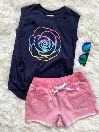 Paper Flower Distressed Side Tie Rose Print Tank, Paper Flower, Flower Tank, Girls Tank Top, JAN23, Paper Flower, Paper Flower Distressed Side Tie Rose Print Tank, Tank Top, Tee - Basically B