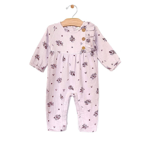 City Mouse Crinkle Cotton Side Button Romper - Lilac Floral, City Mouse, cf-size-3-6-months, cf-type-romper, cf-vendor-city-mouse, City Mouse, City Mouse Clothing, City Mouse Fall 2021, City 