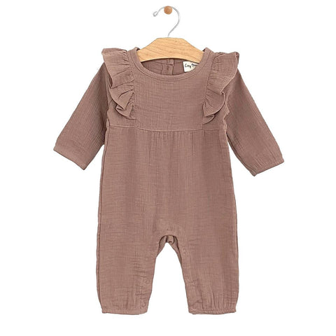 City Mouse Crinkle Cotton Flutter Long Romper - Dusty Rose, City Mouse, cf-size-18-24-months, cf-type-romper, cf-vendor-city-mouse, City Mouse, City Mouse Clothing, City Mouse Crinkle Cotton 