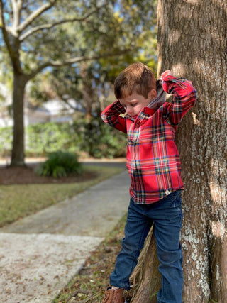 Me & Henry Dyer Hooded Woven Shirt - Red / Green Plaid, Me & Henry, Boys Clothing, cf-size-3-4y, cf-type-sweater, cf-vendor-me-&-henry, JAN23, Me & Henry, Me & Henry Dyer Hooded Woven Shirt, 