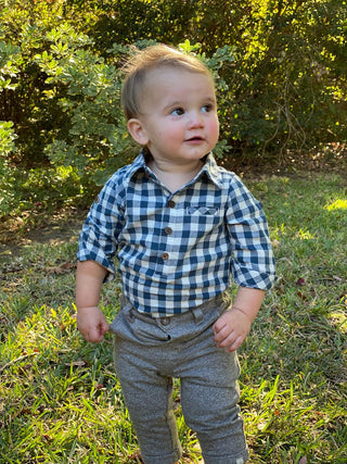 Me & Henry Jasper Woven Onesie - Navy Plaid, Me & Henry, Boys Clothing, cf-size-12-18-months, cf-type-baby-one-pieces, cf-vendor-me-&-henry, CM22, Infant Boy Clothing, JAN23, Me & Henry, Me &