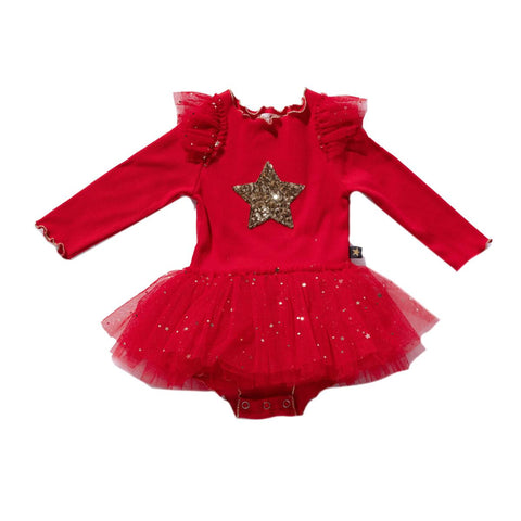 Petite Hailey Frill LS Onesie Tutu - Red, Petite Hailey, Birthday Girl, Birthday Girl Outfit, cf-size-3-months, cf-size-6-months, cf-type-dresses, cf-vendor-petite-hailey, Christmas Dress, Pe