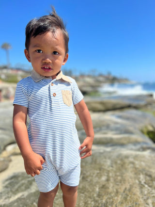 Me & Henry Saltash Polo Romper in Blue / Grey Stripe, Me & Henry, Boys Clothing, Infant Boy Clothing, Me & Henry, Me & Henry Polo Romper, Me & Henry Saltash Polo Romper, Me and Henry, Me and 
