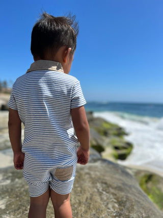 Me & Henry Saltash Polo Romper in Blue / Grey Stripe, Me & Henry, Boys Clothing, Infant Boy Clothing, Me & Henry, Me & Henry Polo Romper, Me & Henry Saltash Polo Romper, Me and Henry, Me and 
