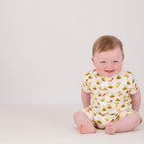 Tickety Boo Bumbling Bees Short Bamboo Romper, Tickety Boo, Bee, Bumble Bee, Bumbling Bees, cf-size-0-3-months, cf-size-9-12-months, cf-type-romper, cf-vendor-tickety-boo, Short Bamboo Romper
