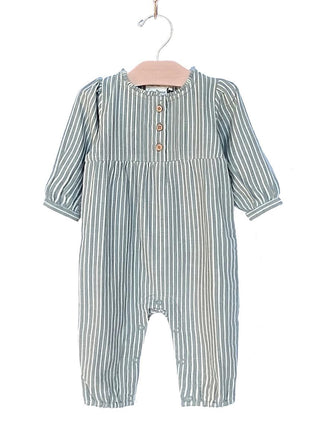 City Mouse Cotton Frill Neck Romper - Granite Stripe, City Mouse, cf-size-0-3-months, cf-size-12-18-months, cf-size-18-24-months, cf-size-3-6-months, cf-size-9-12-months, cf-type-jumpsuits-&-