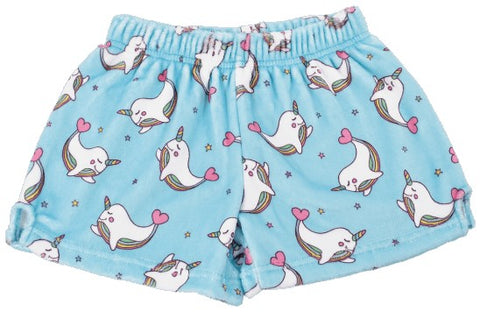 Iscream Rainbow Narwhal Plush Shorts, Iscream, EB Girls, Els PW 5060, Els PW 8258, End of Year, End of Year Sale, Fleece Shorts, Gifts for Tween, Girls Sleep Shorts, iscream, Iscream Narwhal,