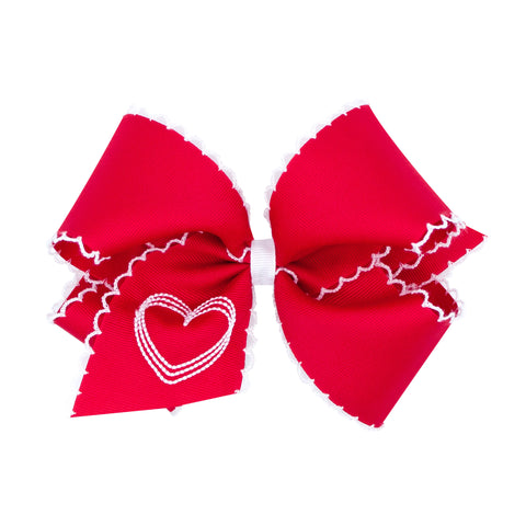 King Moonstitch Embroidered Heart Hair Bow on Clippie - Red, Wee Ones, Alligator Clip, Alligator Clip Hair Bow, cf-type-hair-bow, cf-vendor-wee-ones, Clippie, Clippie Hair Bow, CM22, Hair Bow