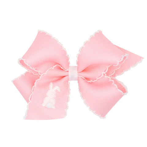 King Moonstitch Embroidered Easter Hair Bow on Clippie - Pink w/White Bunny, Wee Ones, Alligator Clip, Alligator Clip Hair Bow, cf-type-hair-bow, cf-vendor-wee-ones, Clippie, Clippie Hair Bow