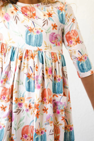 Mila & Rose Harvest Blooms 3/4 Sleeve Pocket Twirl Dress, Mila & Rose, cf-size-2t, cf-size-3t, cf-vendor-mila-&-rose, CM22, Fall, Halloween, Mila & Rose, Mila & Rose Harvest Blooms, Mila & Ro